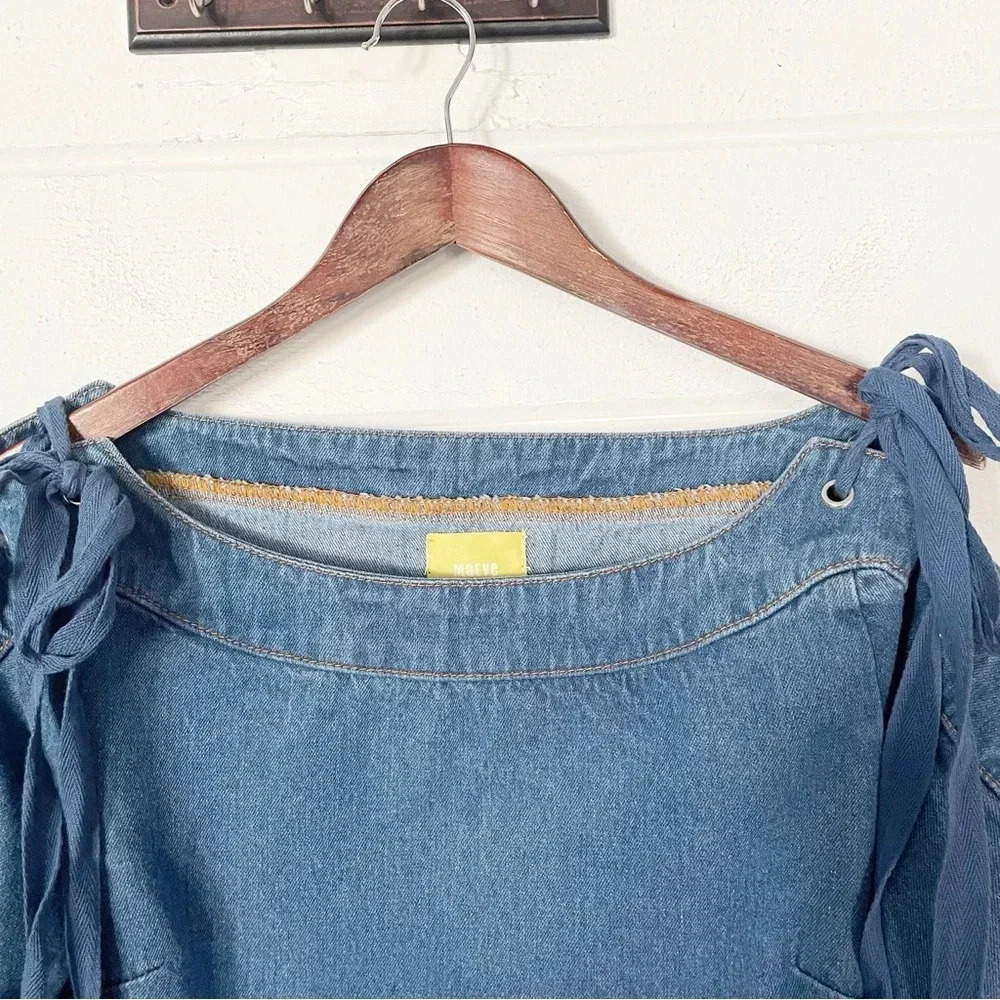 EUC Maeve Anthropologie Blue Denim Lace Up Shoulder Mini Shift Dress Size Small - Picture 7 of 13